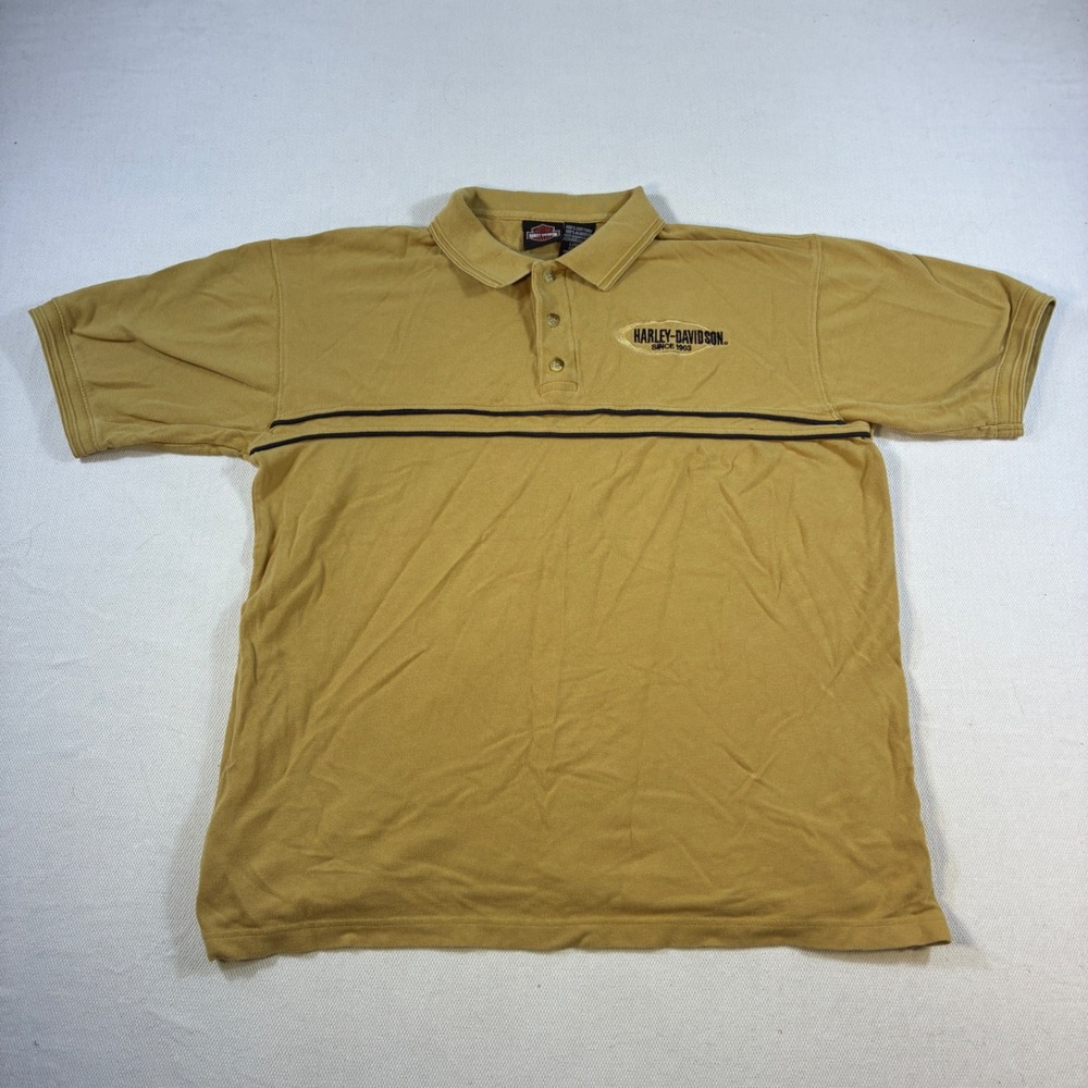 Vintage Harley-Davidson Mens Polo Shirt Large Mustard Yellow Embroidered Stripes